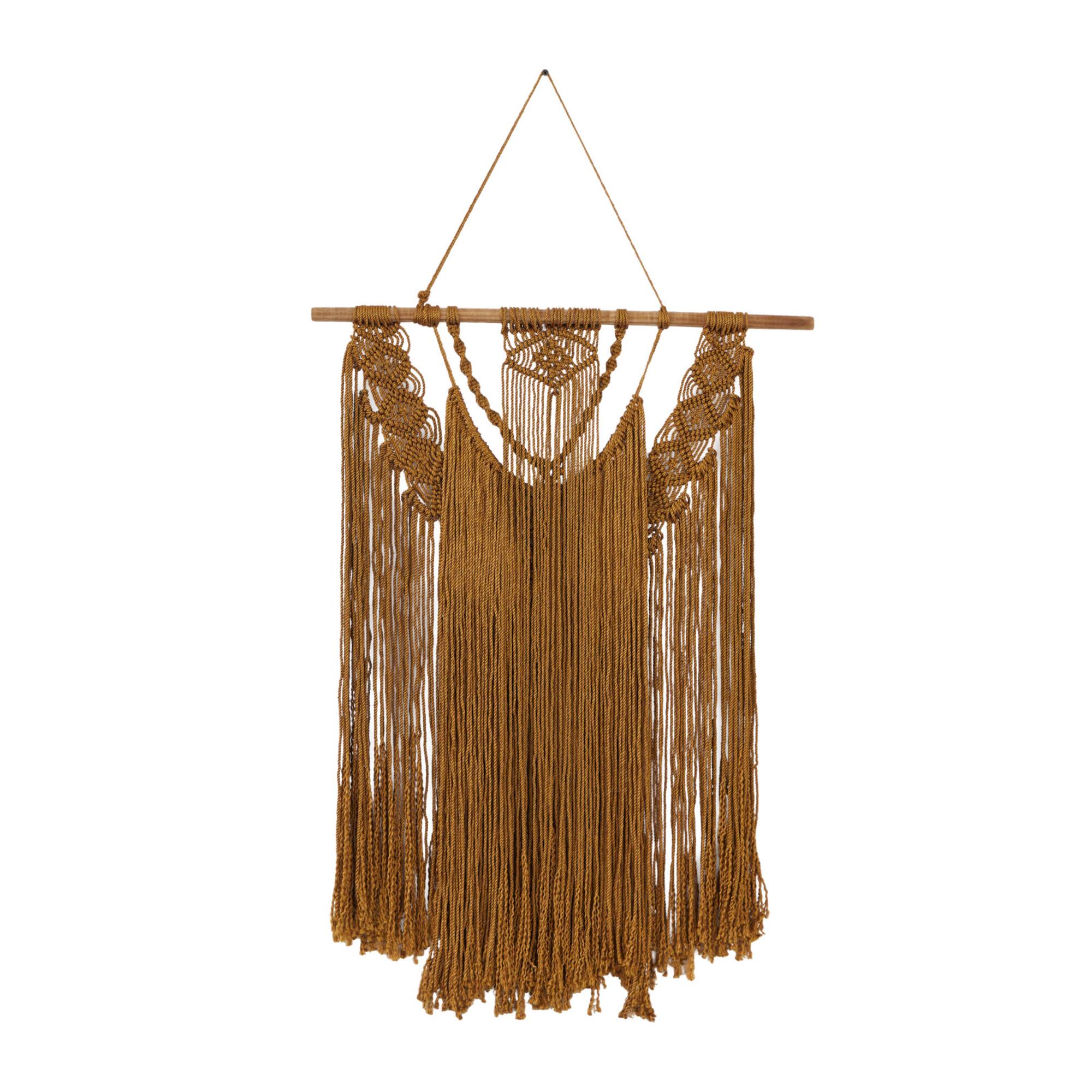Brown Fabric Handmade Intricately Weaved Macrame Wall Decor with Beaded Fringe Tassels 27" x 1" x 49"